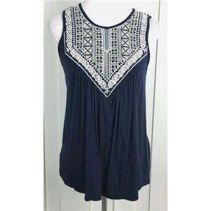 Navy Blue Sleeveless Keyhole Tank Top Size S Embroidered Smocked Rayon Stretch